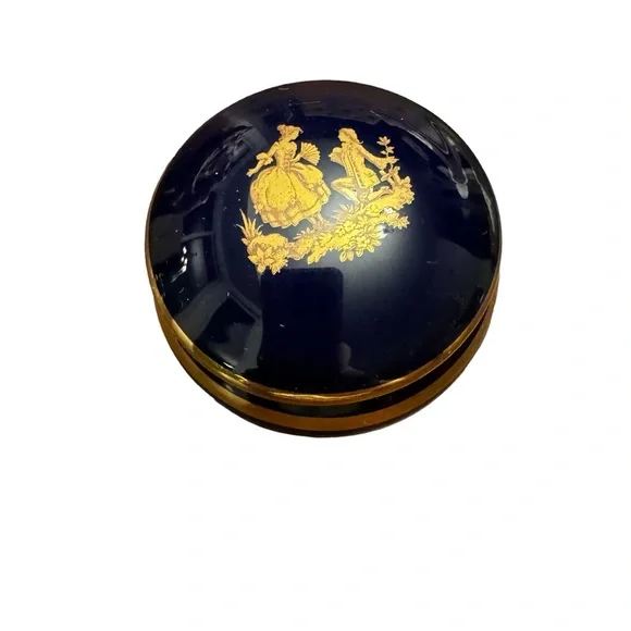 Limoges Porcelain Trinket Box Gilded Finish Cobalt Blue Gold